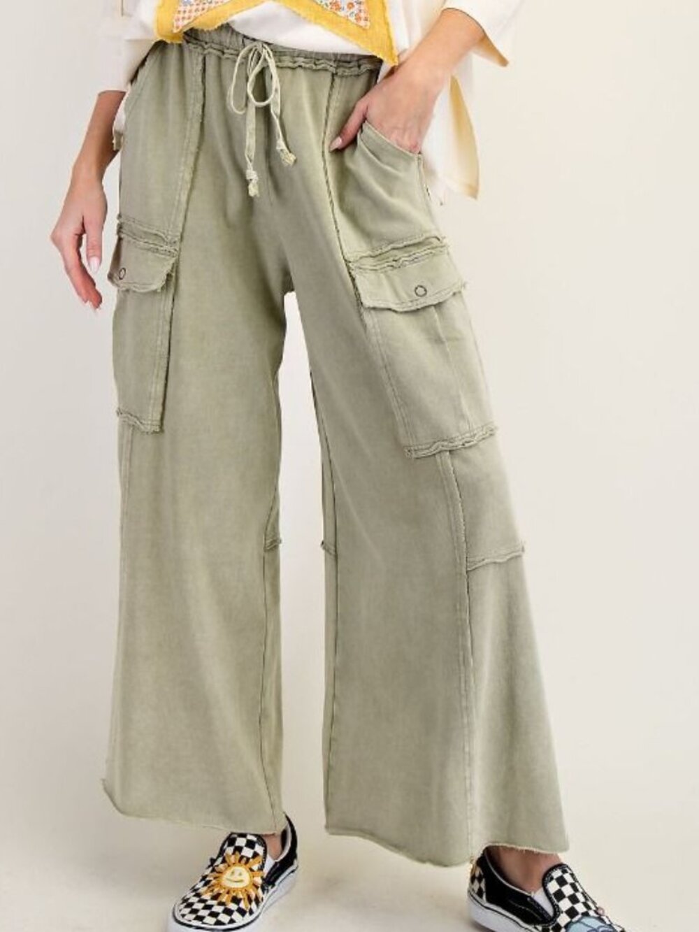 E34 Easel Feeling Good Faded Olive Green Mineral Wash Wide Leg Cargo Pants